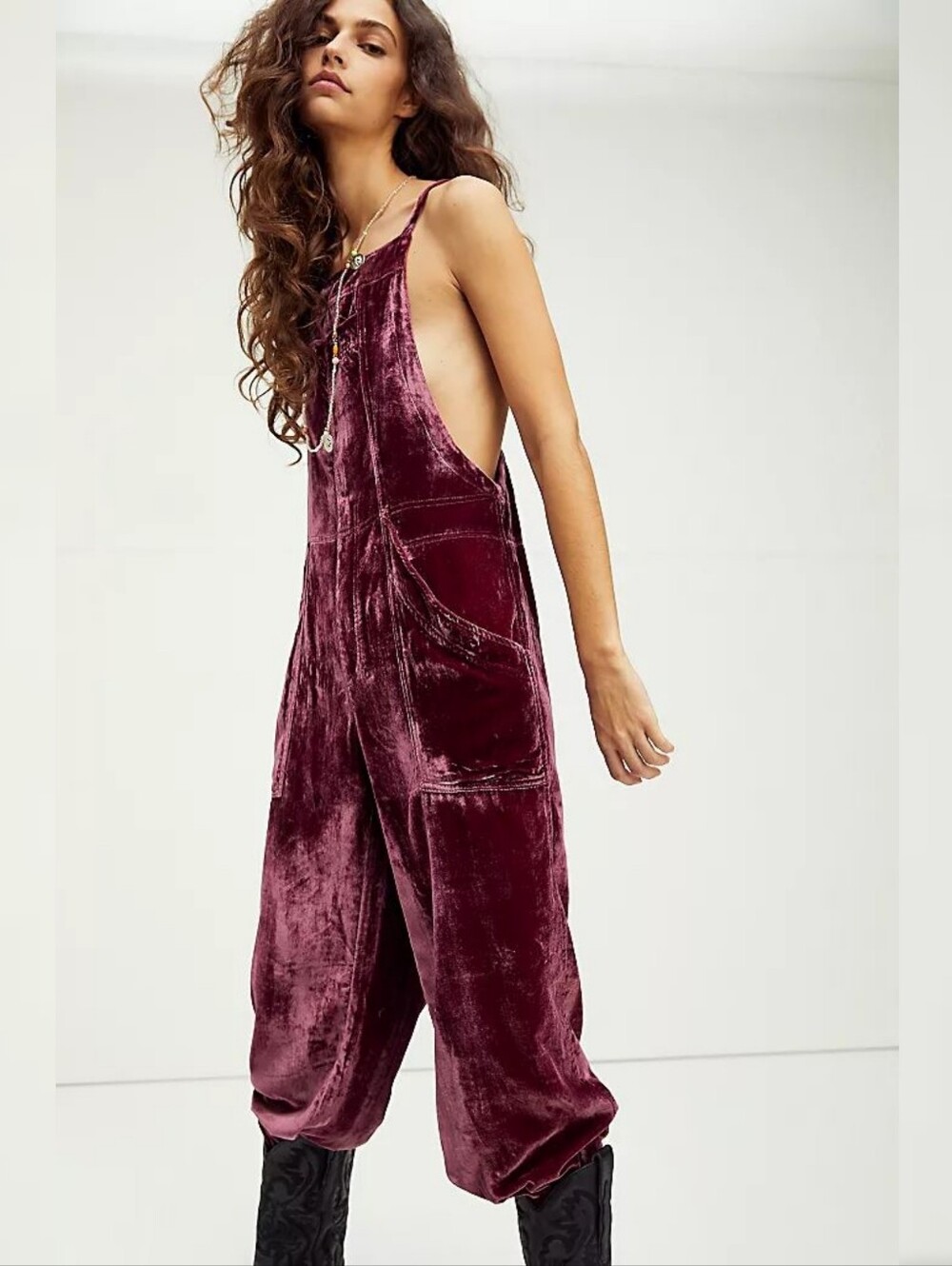 Free People Weekender Velvet Overalls In Red Wine Women's Size XL